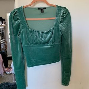 Velvet teal puff sleeve blouse